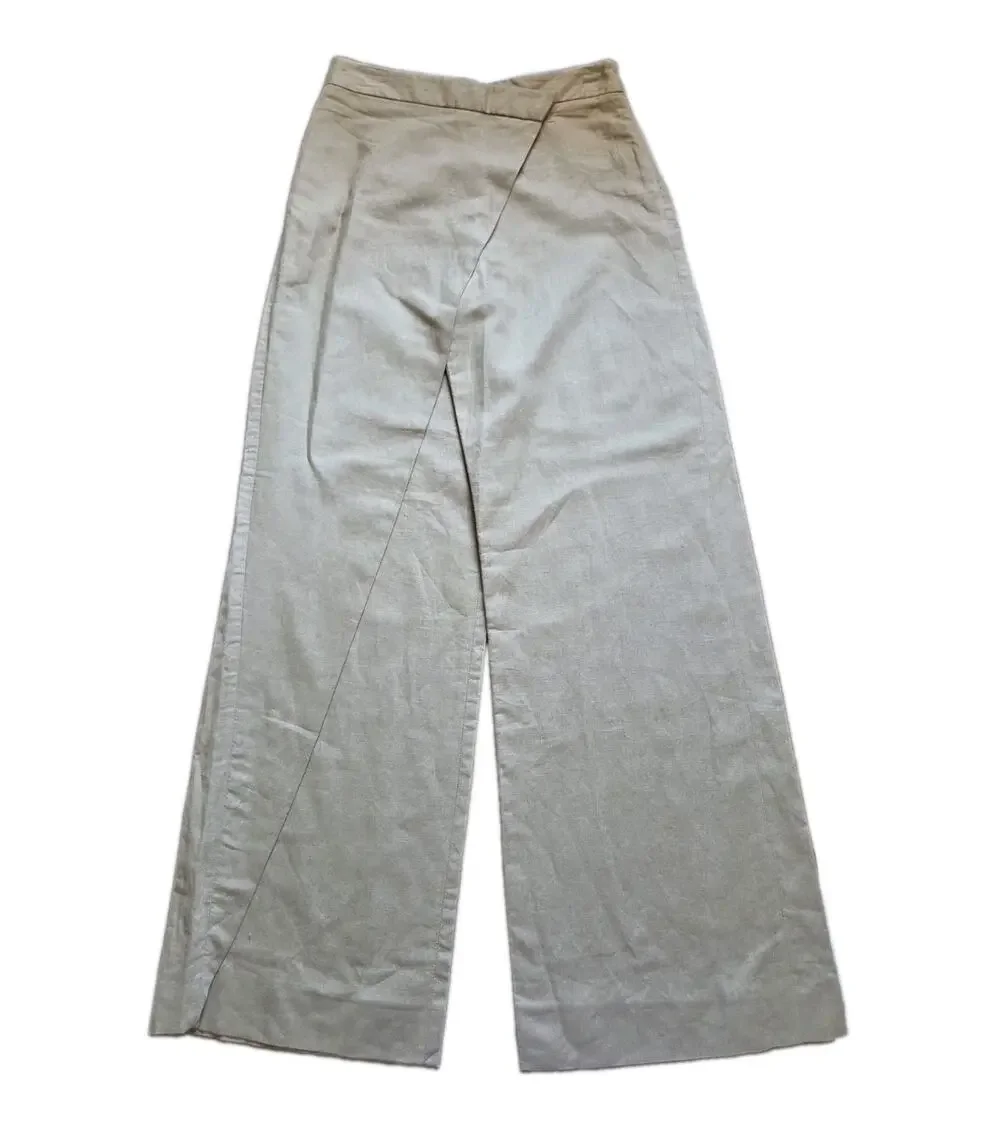Zara Linen Wrap Front Pants XS Wide Leg High Rise Minimalist Neutral Trousers
